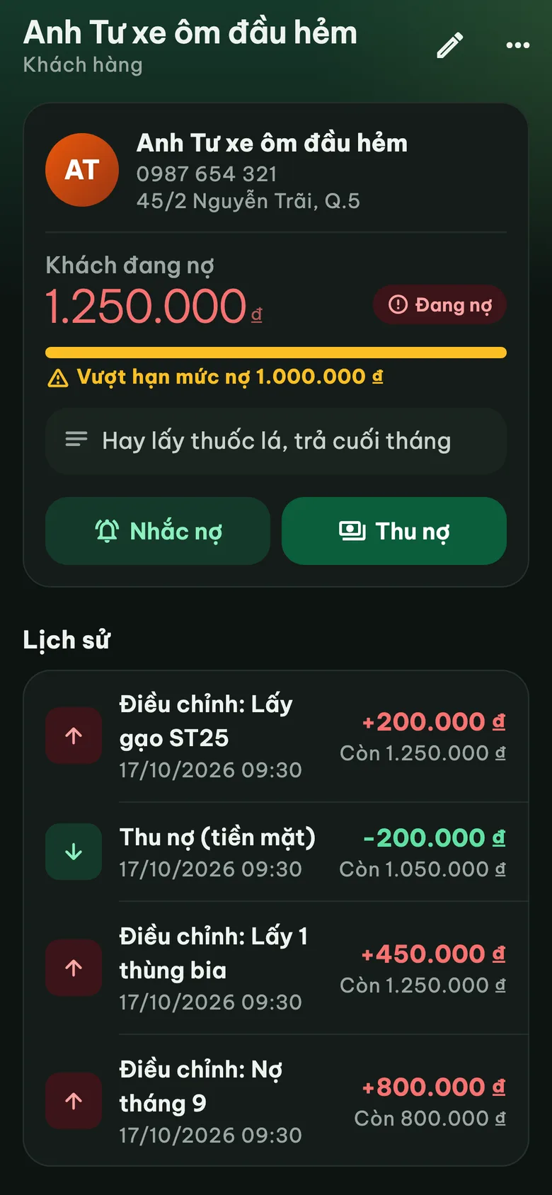 Sổ nợ của một khách quen: số nợ, hạn mức, nút nhắc nợ và lịch sử thu, nợ
