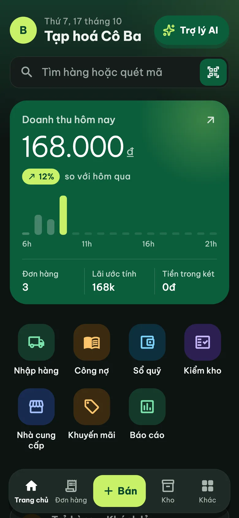 Kivo trên điện thoại: Trang chủ với doanh thu hôm nay 168.000 đ