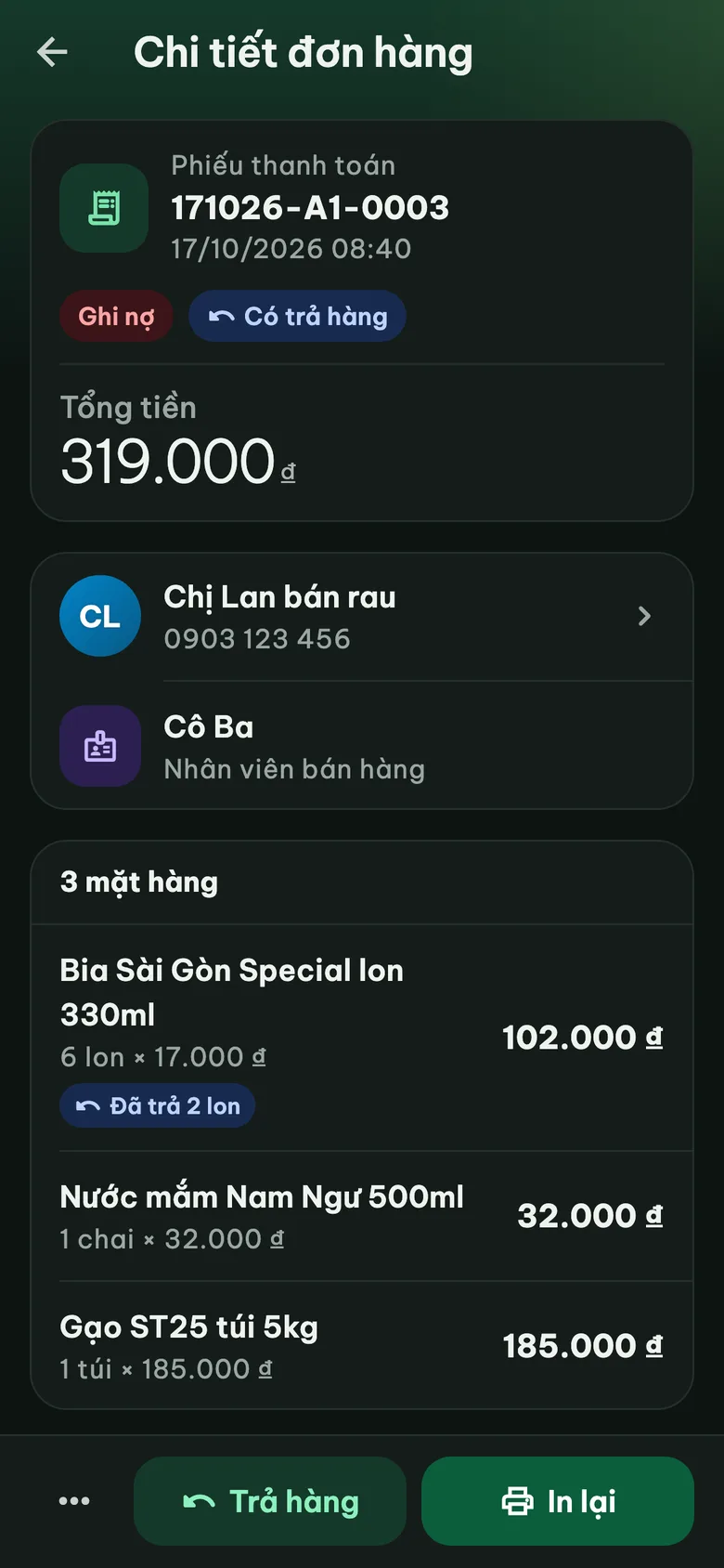 Chi tiết đơn hàng ghi nợ 319.000 đ của khách quen, có trả hàng và nút In lại