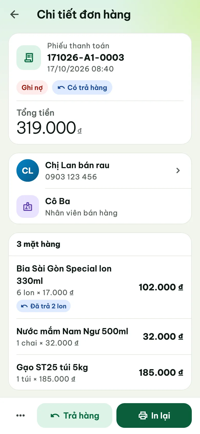 Chi tiết đơn hàng ghi nợ 319.000 đ của khách quen, có trả hàng và nút In lại