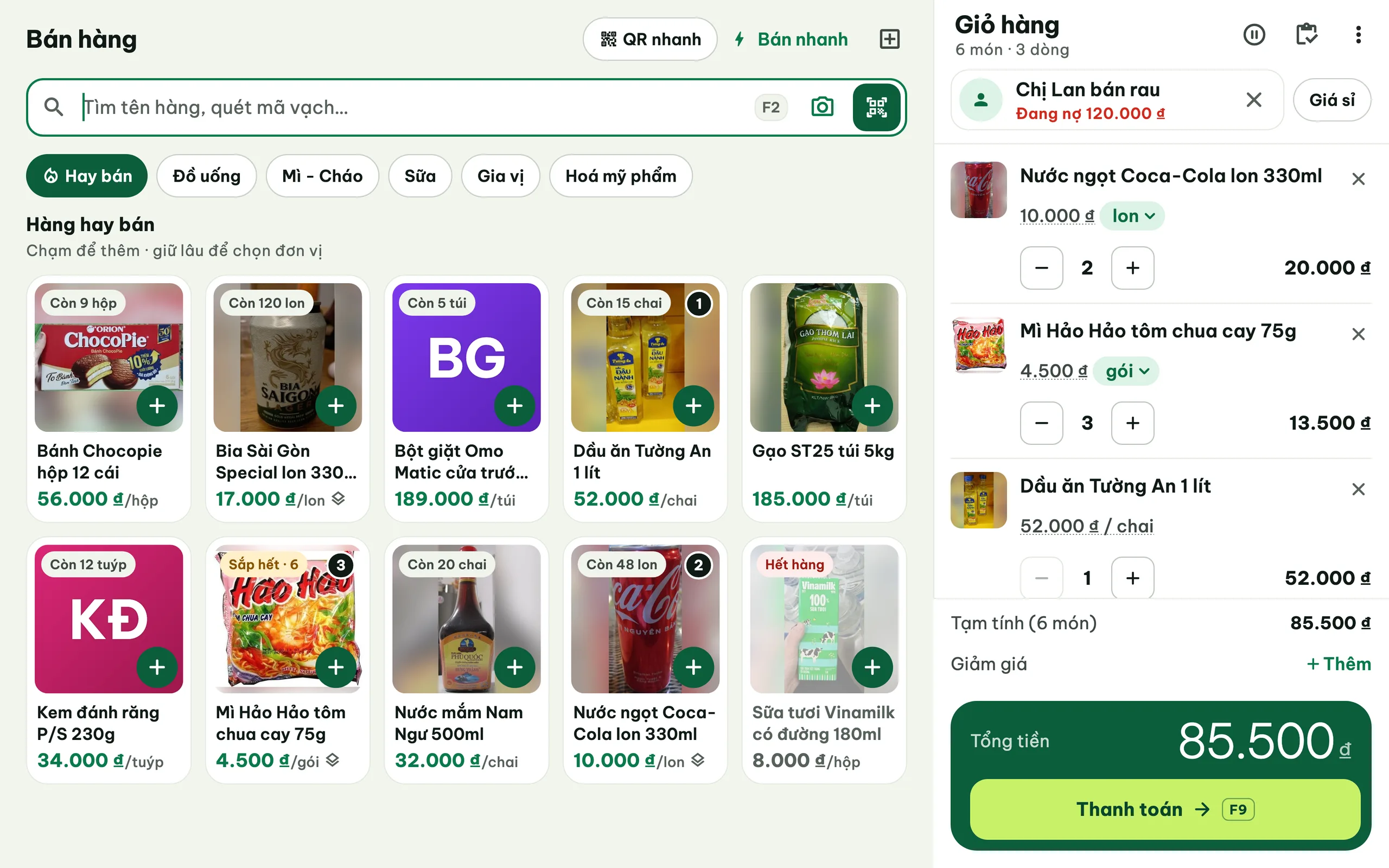 Kivo trên máy POS: màn Bán hàng với lưới hàng hay bán và giỏ hàng