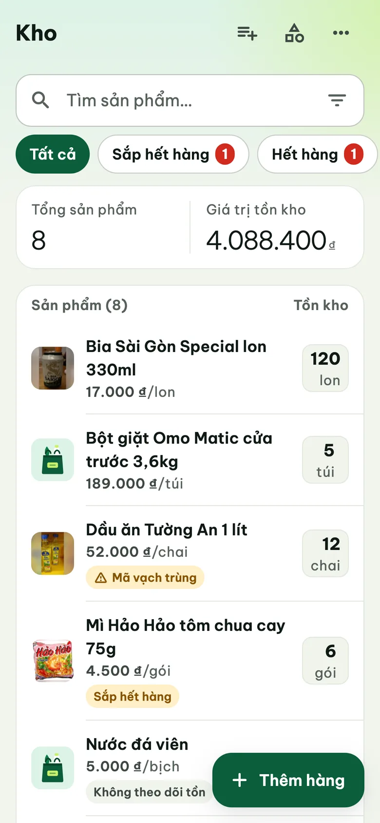 Màn Kho của Kivo: 8 sản phẩm, giá trị tồn 4.088.400 đ, một món sắp hết hàng